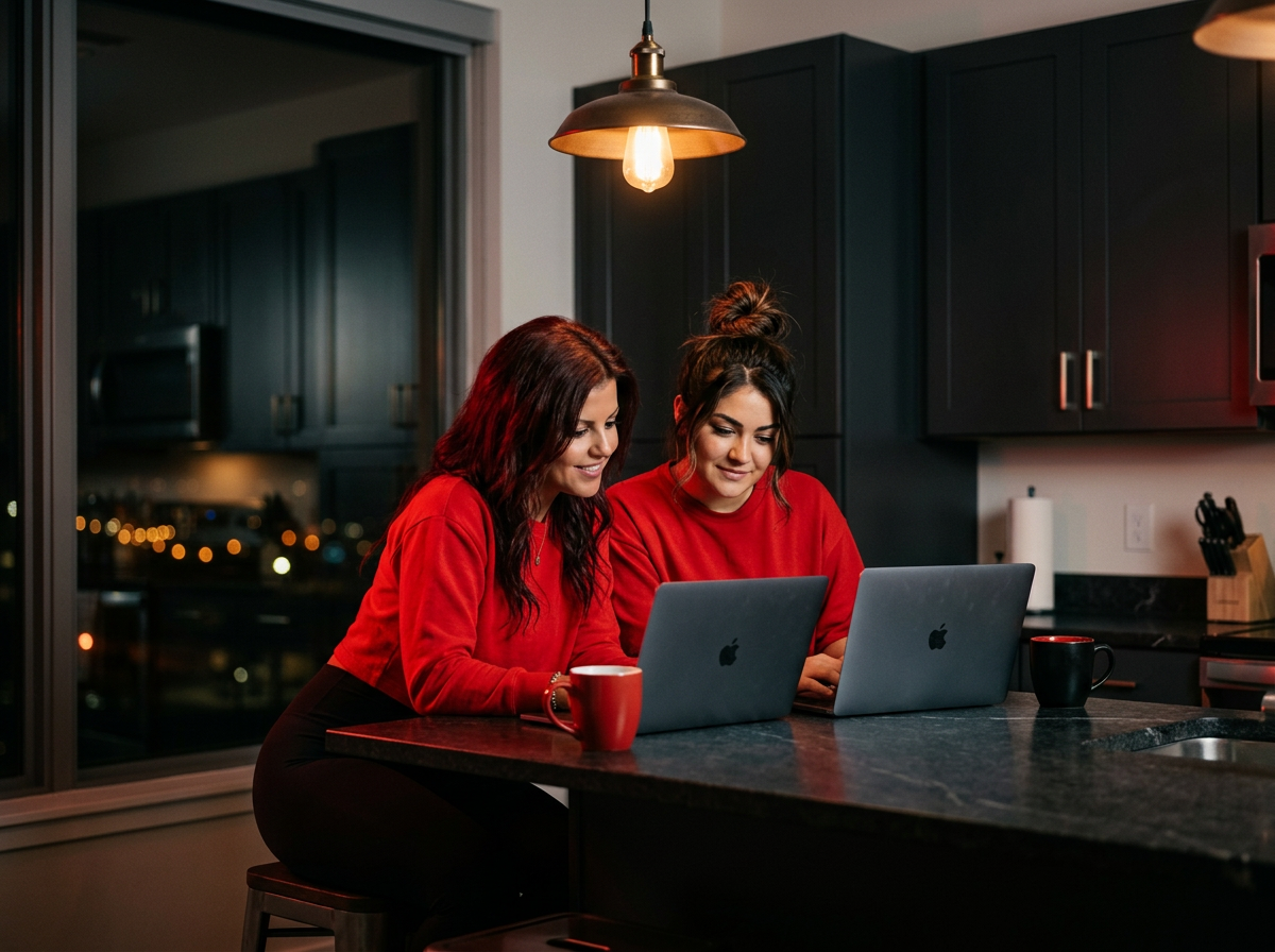 Jamie and Mallory side by side at the kitchen island, laptops open, red brand glow